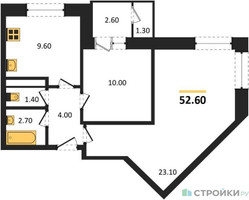 Планировка двухкомнатной(квартира) площадью 52.6 квадратных метров в “ЖК Три квартала”