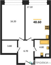 Планировка однокомнатной(квартира) площадью 48.6 квадратных метров в ЖК “ЖК Нагатино Ай-Лэнд”