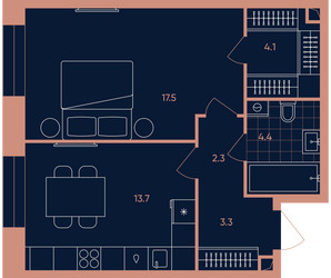 Планировка однокомнатной(квартира) площадью 45.4 квадратных метров в ЖК “Квартал Эра”