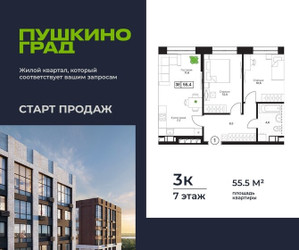 Планировка трехкомнатной(квартира) площадью 55.5 квадратных метров в ЖК “ЖК Пушкино Град”