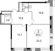 Планировка двухкомнатной(квартира) площадью 69.5 квадратных метров в “ЖК Первый Московский”
