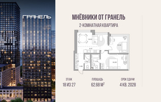 Планировка двухкомнатной(квартира) площадью 62.68 квадратных метров в “ЖК Мневники от Гранель”