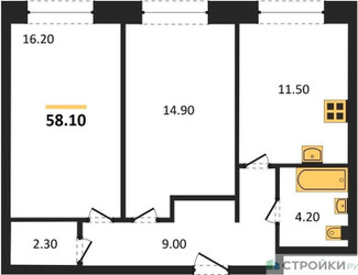 Планировка двухкомнатной(квартира) площадью 58.1 квадратных метров в ЖК “ЖК Skolkovo ONE (Сколково Уан)”