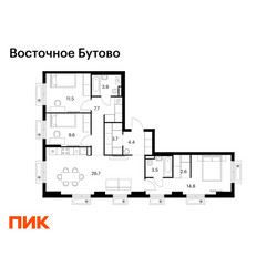 Планировка трехкомнатной(квартира) площадью 88.4 квадратных метров в ЖК “ЖК Восточное Бутово”