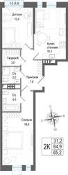 Планировка двухкомнатной(квартира) площадью 64.9 квадратных метров в ЖК “ЖК КИНОКВАРТАЛ”