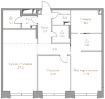 Планировка двухкомнатной(квартира) площадью 95.7 квадратных метров в “ЖК Коллекция Лужники”