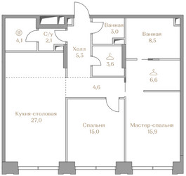 Планировка двухкомнатной(квартира) площадью 95.7 квадратных метров в ЖК “ЖК Коллекция Лужники”