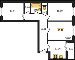 Планировка трехкомнатной(квартира) площадью 85.72 квадратных метров в “ЖК Эдельвейс (Первомайское)”