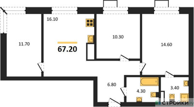 Планировка трехкомнатной(квартира) площадью 67.2 квадратных метров в ЖК “ЖК Foreville (Форевилль)”