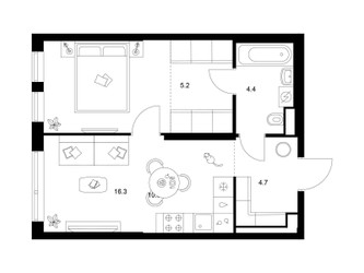 Планировка однокомнатной(квартира) площадью 41.2 квадратных метров в ЖК “ЖК Строгино 360”