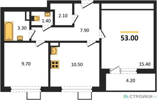 Планировка двухкомнатной(квартира) площадью 53 квадратных метров в “ЖК 1-й Южный (Первый Южный)”