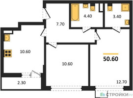 Планировка двухкомнатной(квартира) площадью 50.6 квадратных метров в “ЖК Деснаречье”