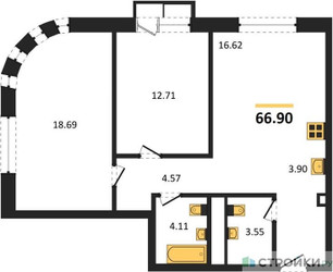 Планировка двухкомнатной(квартира) площадью 66.9 квадратных метров в ЖК “ЖК УНО Соколиная гора”