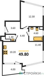 Планировка однокомнатной(квартира) площадью 49.8 квадратных метров в ЖК “ЖК ROTTERDAM (Роттердам)”