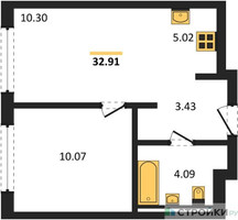 Планировка однокомнатной(квартира) площадью 32.91 квадратных метров в “ЖК Мытищи Парк”