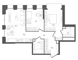 Планировка двухкомнатной(квартира) площадью 66 квадратных метров в ЖК “ЖК Pave (Пэйв)”