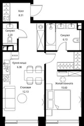 Планировка однокомнатной(квартира) площадью 50.75 квадратных метров в ЖК “ЖК Сити Бэй”