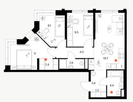 Планировка трехкомнатной(квартира) площадью 65.6 квадратных метров в “ЖК Саларьево парк”