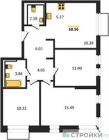 Планировка трехкомнатной(квартира) площадью 68.56 квадратных метров в “ЖК Пригород Лесное”