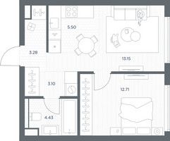 Планировка однокомнатной(квартира) площадью 42.17 квадратных метров в “ЖК TATE (Тэйт)”