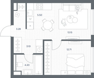Планировка однокомнатной(квартира) площадью 42.17 квадратных метров в ЖК “ЖК TATE (Тэйт)”