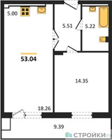 Планировка однокомнатной(квартира) площадью 53.04 квадратных метров в “ЖК Егорово Парк”