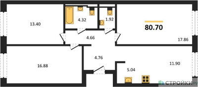 Планировка трехкомнатной(квартира) площадью 80.7 квадратных метров в ЖК “ЖК Квартал Западный”