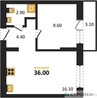 Планировка однокомнатной(квартира) площадью 36 квадратных метров в “ЖК Первый квартал”