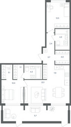 Планировка трехкомнатной(квартира) площадью 83.6 квадратных метров в ЖК “ЖК Равновесие”