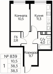Планировка однокомнатной(квартира) площадью 38.3 квадратных метров в ЖК “ЖК Цветочные Поляны Сити”