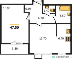 Планировка однокомнатной(квартира) площадью 47.5 квадратных метров в “ЖК Первый Лермонтовский”