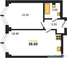 Планировка однокомнатной(квартира) площадью 38.6 квадратных метров в “ЖК ЗИЛАРТ”