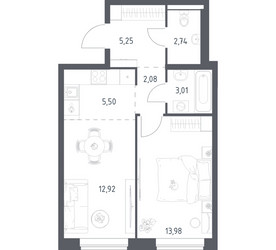 Планировка однокомнатной(квартира) площадью 45.48 квадратных метров в ЖК “ЖК Новое Видное”