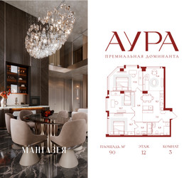 Планировка трехкомнатной(квартира) площадью 90 квадратных метров в ЖК “ЖК АУРА”