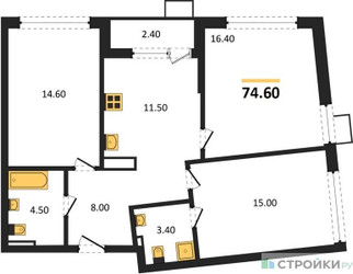 Планировка трехкомнатной(квартира) площадью 74.6 квадратных метров в ЖК “ЖК Деснаречье”