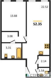Планировка однокомнатной(апартаменты) площадью 52.35 квадратных метров в ЖК “ЖК Insider (Инсайдер)”