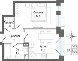 Планировка однокомнатной(квартира) площадью 37.7 квадратных метров в “ЖК КИНОКВАРТАЛ”