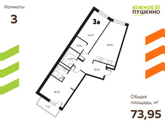 Планировка трехкомнатной(квартира) площадью 73.95 квадратных метров в ЖК “ЖК Южное Пушкино”