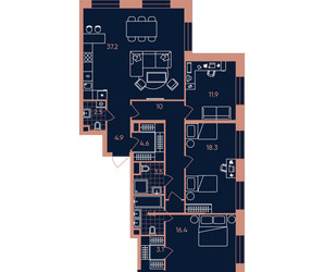 Планировка 4+ комнатной(квартира) площадью 117 квадратных метров в ЖК “Квартал Эра”