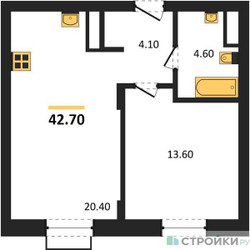 Планировка однокомнатной(квартира) площадью 42.7 квадратных метров в ЖК “ЖК Резиденции Сколково”