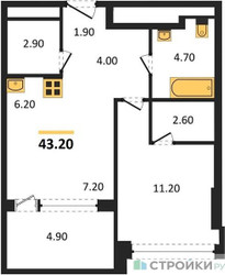 Планировка однокомнатной(квартира) площадью 43.2 квадратных метров в ЖК “ЖК ROTTERDAM (Роттердам)”