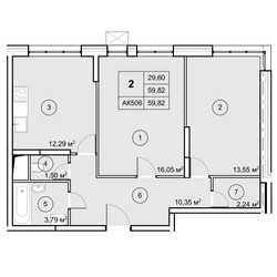 Планировка двухкомнатной(квартира) площадью 59.8 квадратных метров в ЖК “ЖК Экоград Новый Катуар”