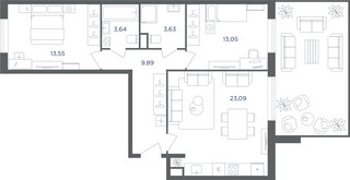 Планировка трехкомнатной(квартира) площадью 66.7 квадратных метров в “ЖК Равновесие”