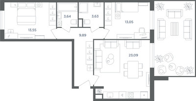 Планировка трехкомнатной(квартира) площадью 66.7 квадратных метров в ЖК “ЖК Равновесие”