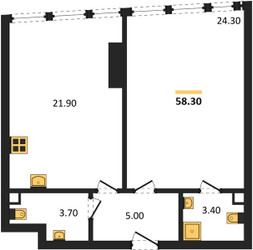 Планировка однокомнатной(квартира) площадью 58.3 квадратных метров в ЖК “ЖК One Tower (Ван Тауэр)”