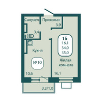 Планировка однокомнатной(квартира) площадью 35 квадратных метров в “ЖК Андреевка Life (Андреевка Лайф)”