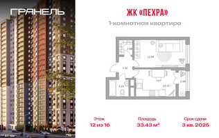 Планировка однокомнатной(квартира) площадью 33.43 квадратных метров в “ЖК Пехра”