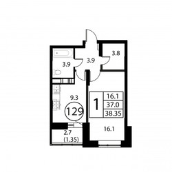 Планировка однокомнатной(квартира) площадью 38.4 квадратных метров в ЖК “ЖК Космос”