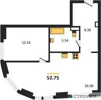 Планировка однокомнатной(квартира) площадью 52.75 квадратных метров в “ЖК Гранд Фили”
