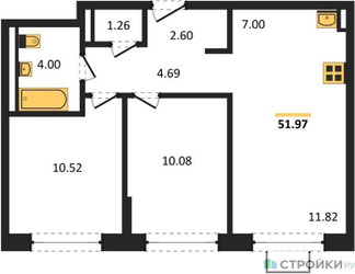 Планировка двухкомнатной(квартира) площадью 51.97 квадратных метров в ЖК “ЖК Богдановский Лес”